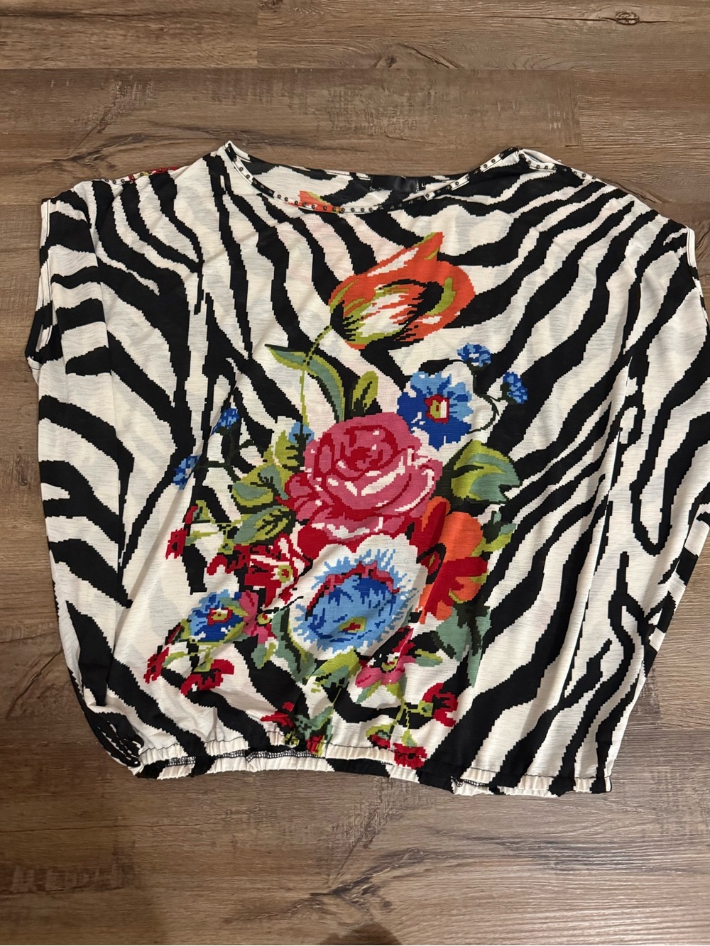 Zebra Stripe Floral Print Top - Black, White, Red, Blue